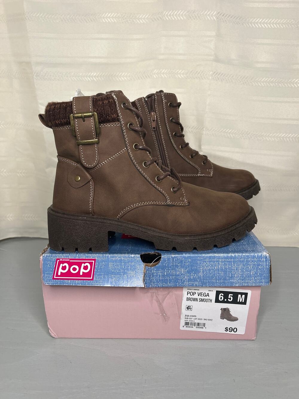 Pop Vega Block Heel Ankle Bootie Brown Smooth Faux Leather Size 6.5 M Side Zip